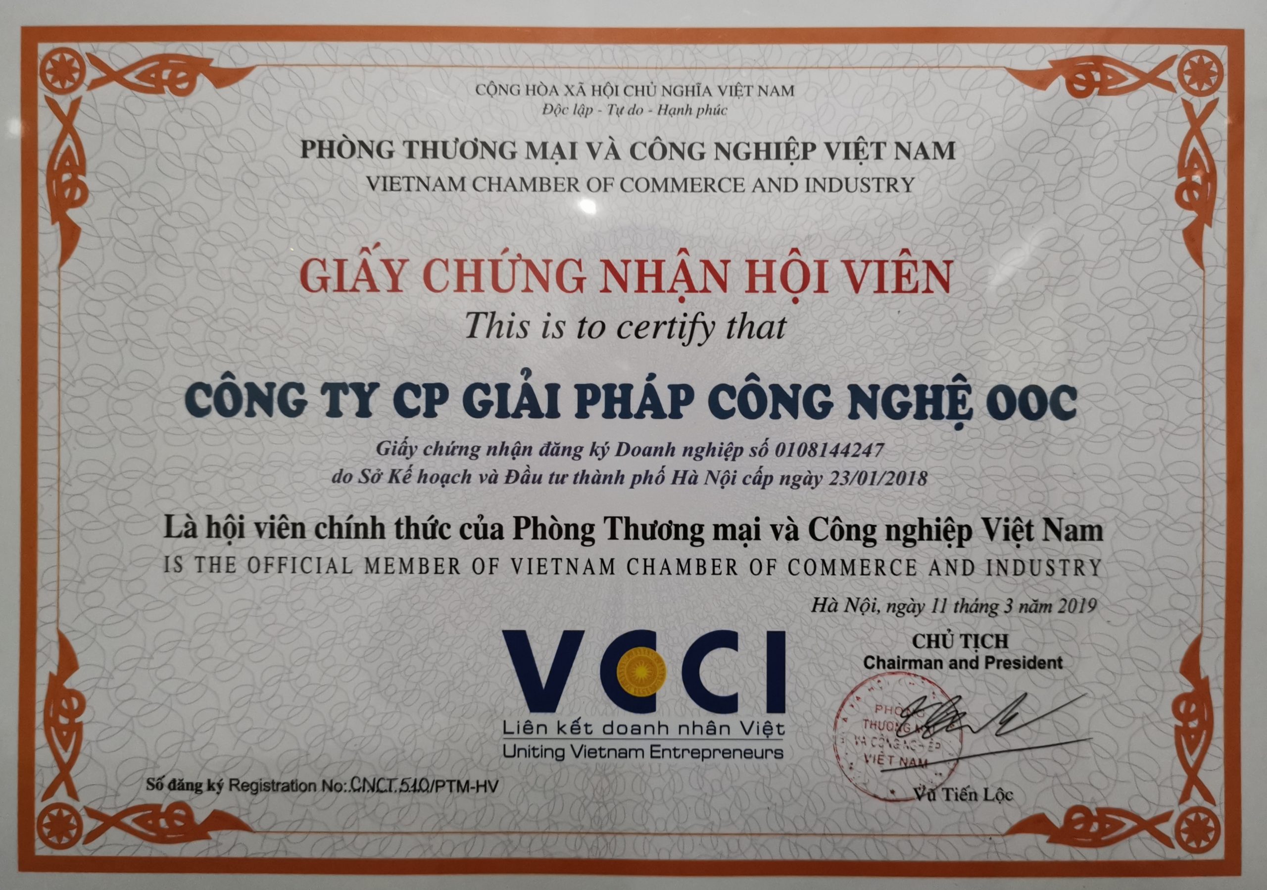 Công ty Giải pháp Công nghệ OOC chính thức trở thành hội viên VCCI