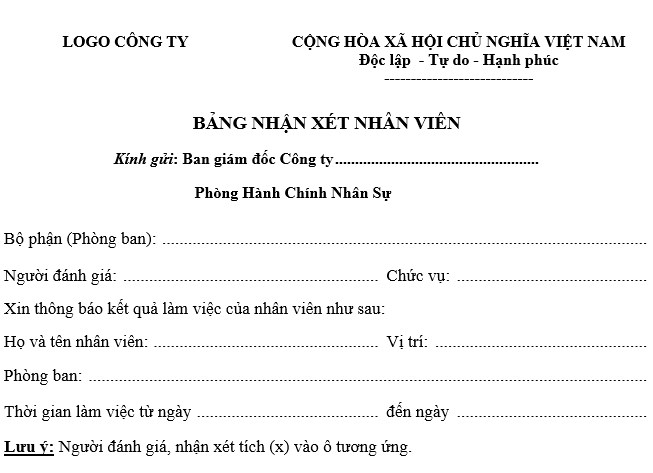 Bảng nhận xét năng lực nhân viên